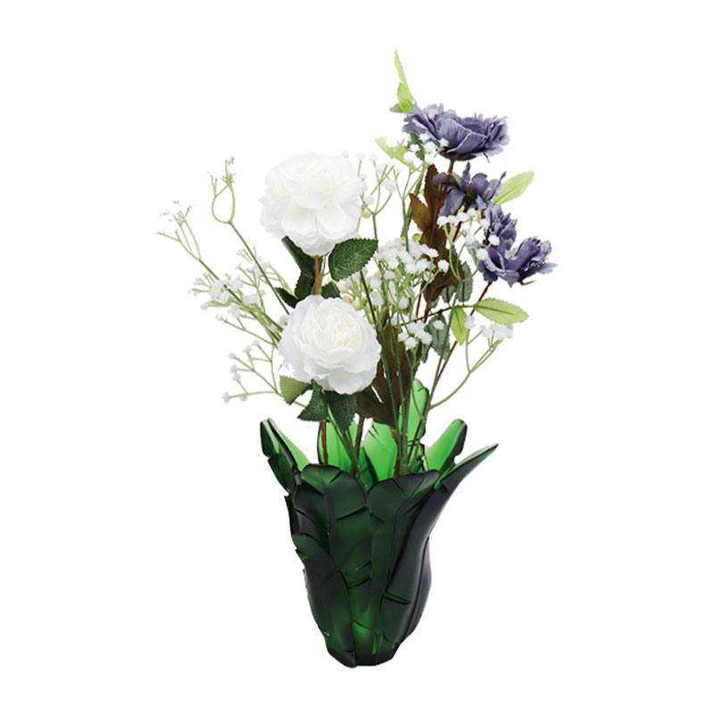 Bytová dekorácia Sklenená váza so zelenými banánovými listami