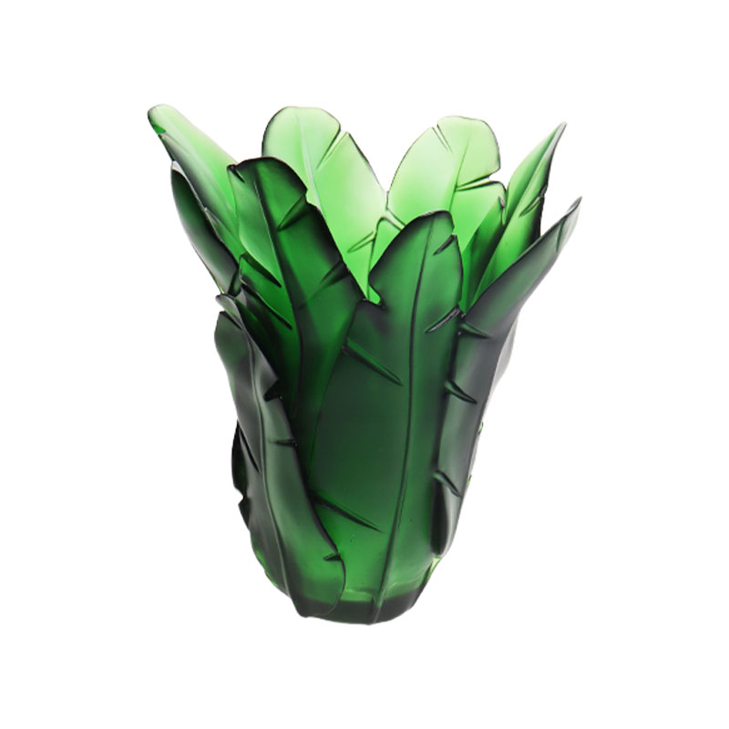 Bytová dekorácia Sklenená váza so zelenými banánovými listami