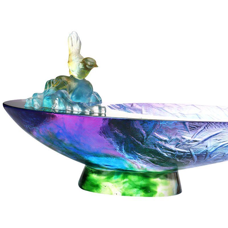 Krištáľová sklenená miska na ovocie s ozdobou vtáčika