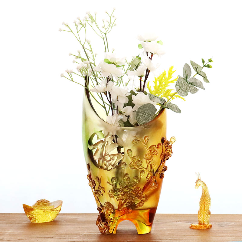 Bytové dekorácie Slivkový kvet Vyrezávaný dizajn Váza z jantárového skla