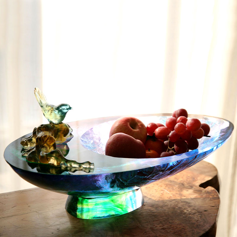 Krištáľová sklenená miska na ovocie s ozdobou vtáčika
