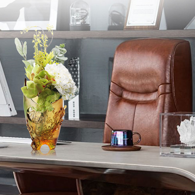 Bytové dekorácie Slivkový kvet Vyrezávaný dizajn Váza z jantárového skla