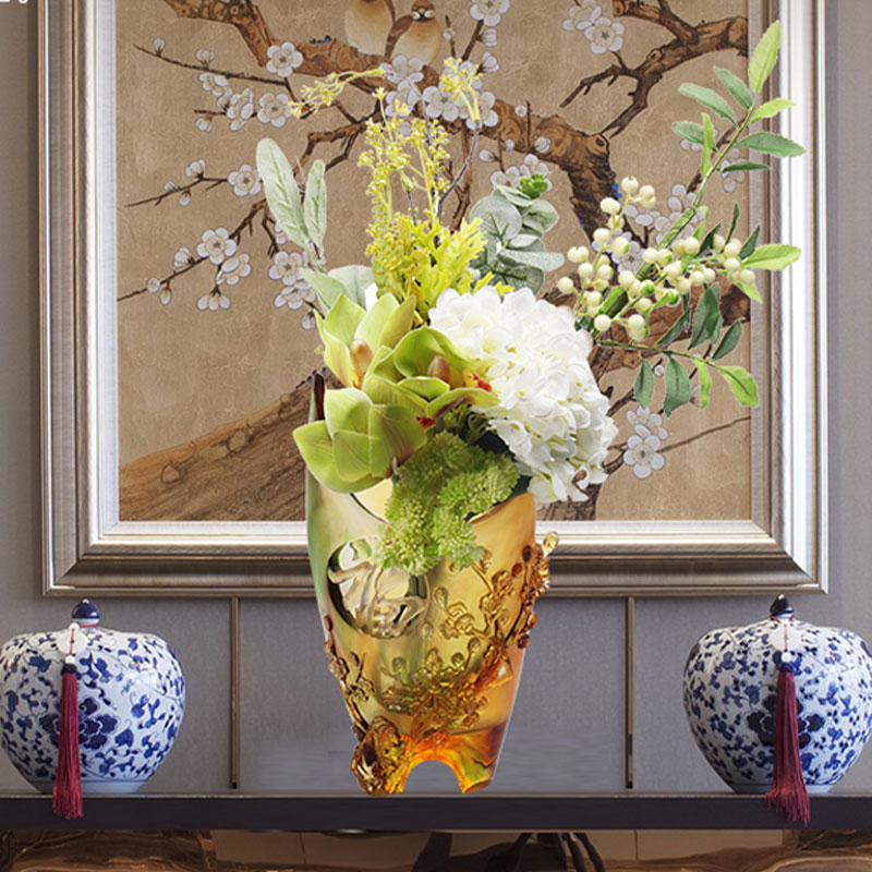 Bytové dekorácie Slivkový kvet Vyrezávaný dizajn Váza z jantárového skla