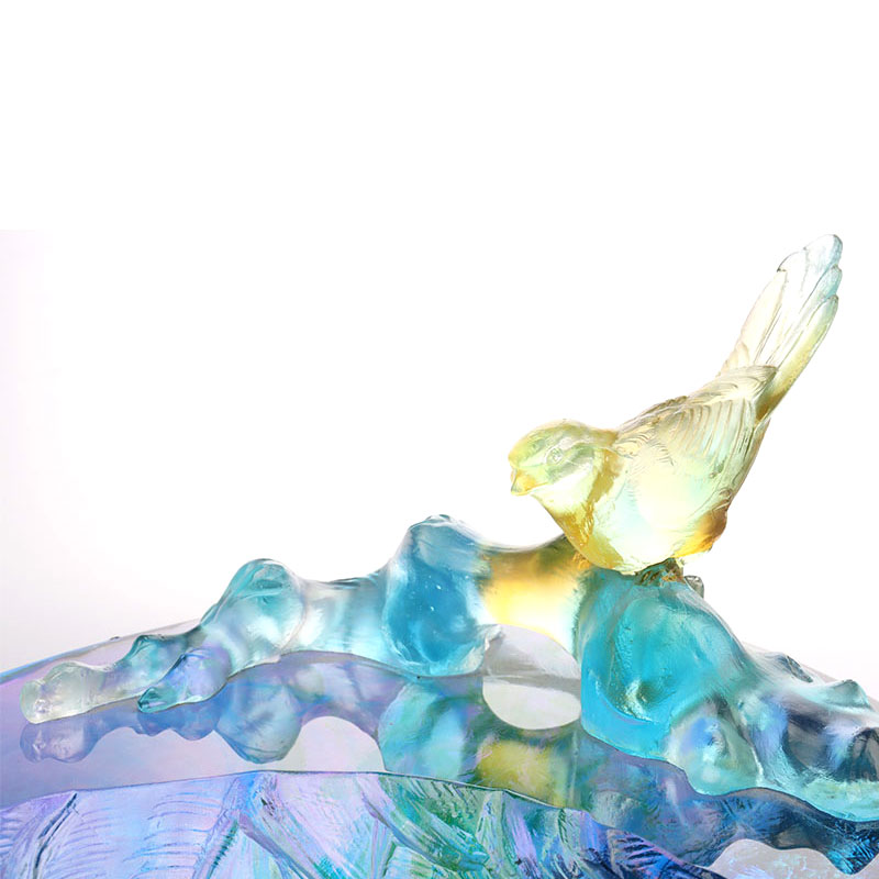 Krištáľová sklenená miska na ovocie s ozdobou vtáčika