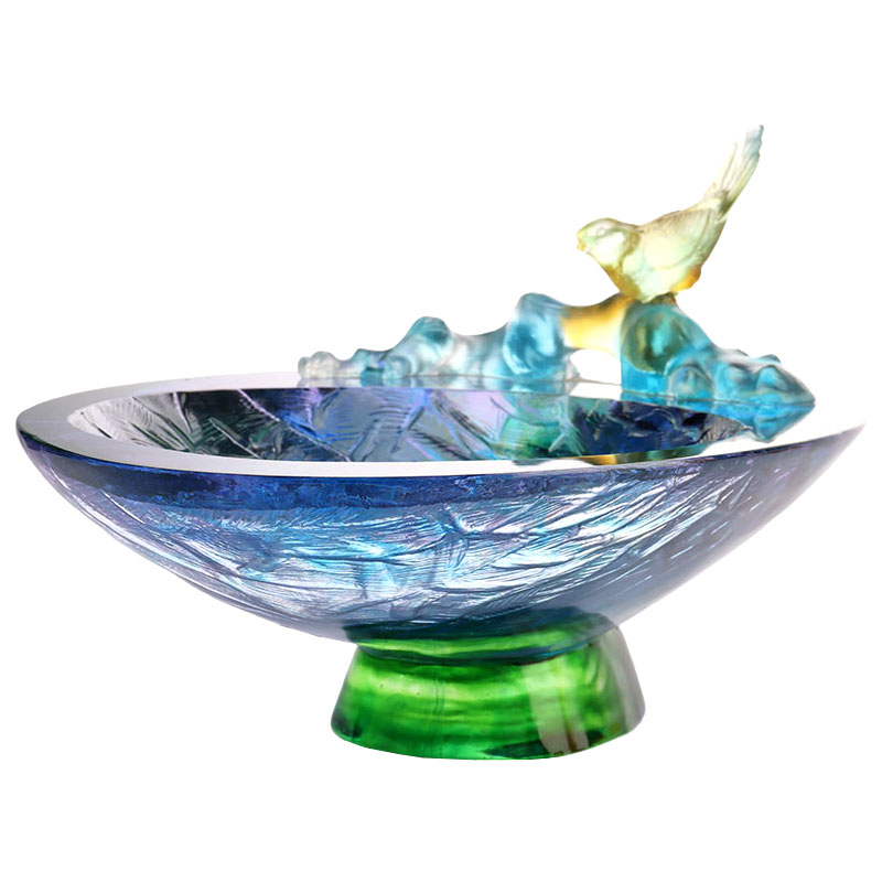 Krištáľová sklenená miska na ovocie s ozdobou vtáčika